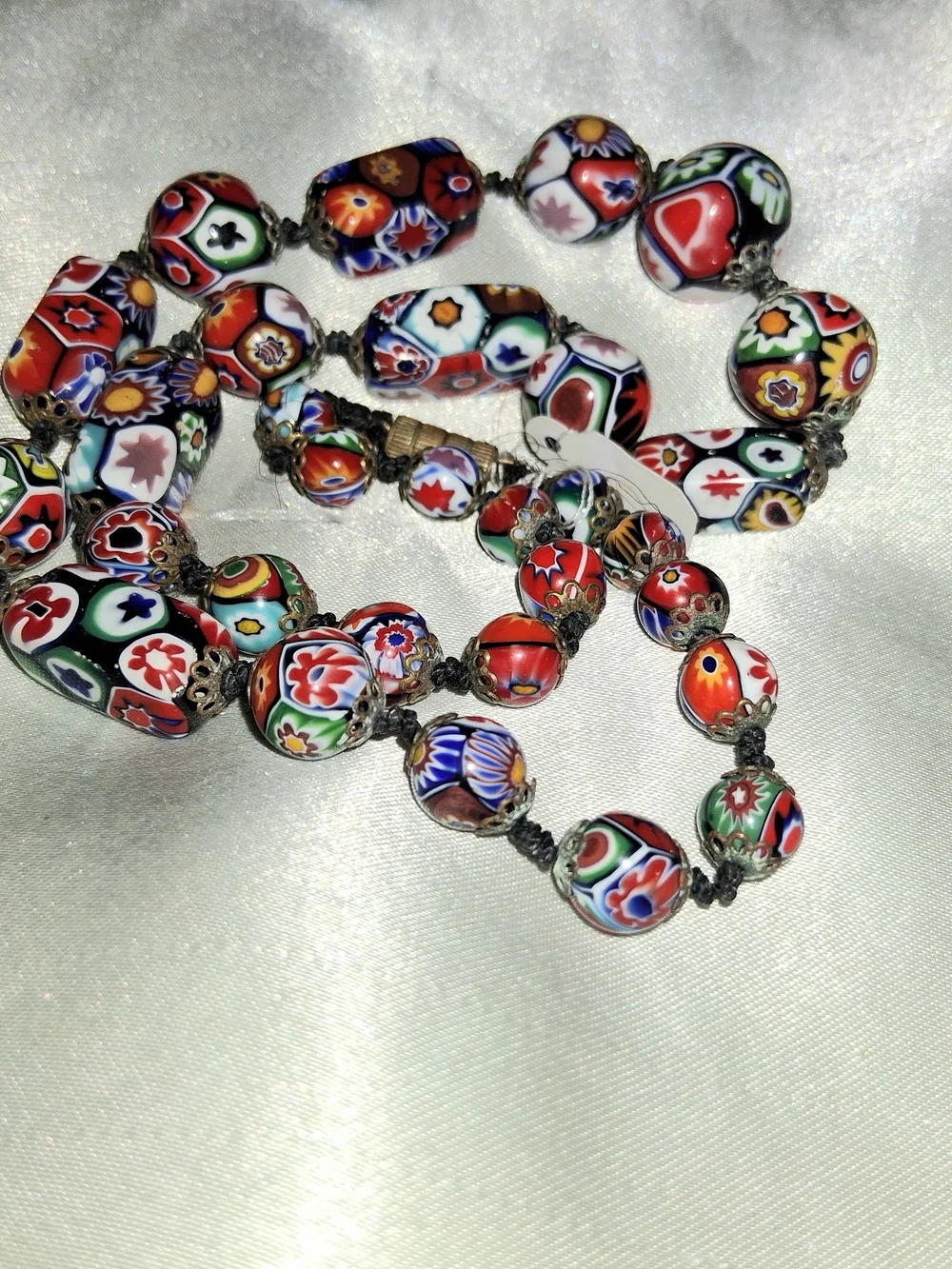 Vtg Handknotted Multicolor Millefiori Glass Bead Necklace - Picture 3 of 11